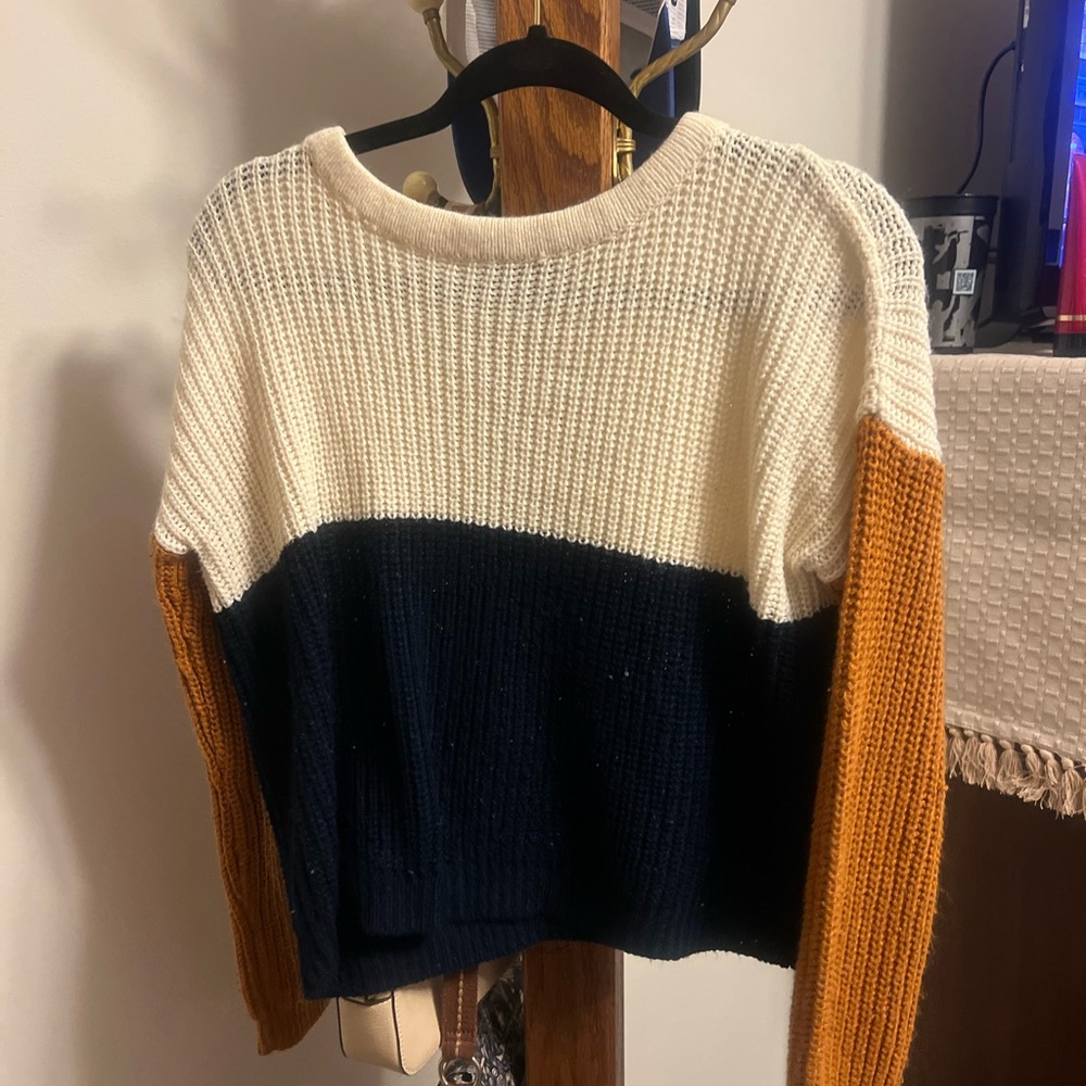 Colorblock Knit Sweater - Cream, Navy, and Mustard